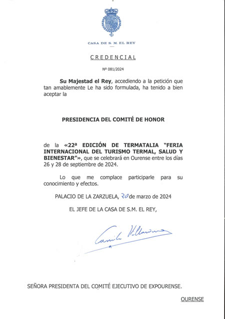 El Rey de Espa&ntilde;a, Felipe VI, preside un a&ntilde;o m&aacute;s el Comit&eacute; de Honor de Termatalia 2024